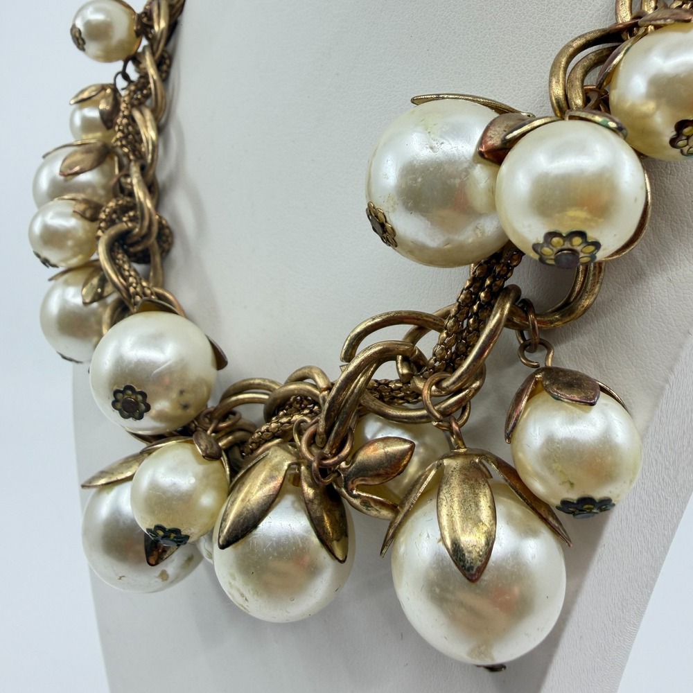 Gold Tone Faux Pearl Cluster Necklace - Boho Chunky Layering Statement - Picture 6 of 13
